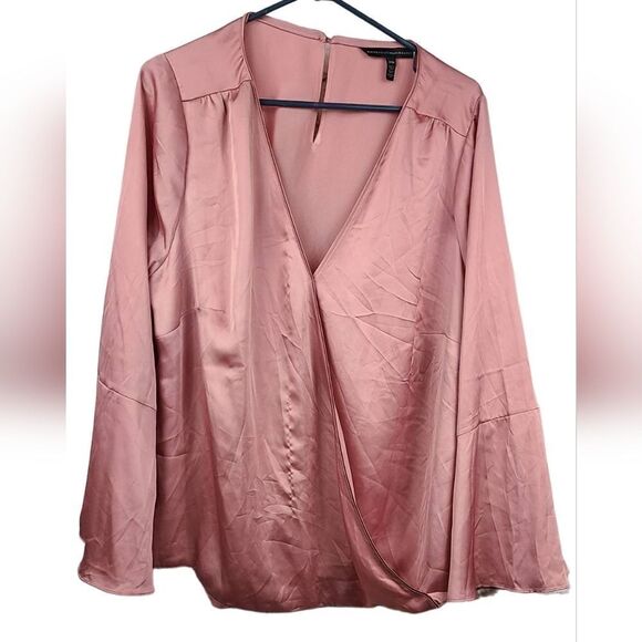 White House Black Market Tops - White House Black Market Plus Charmeuse Surplice Blouse Pink Satin Bell Sleeve